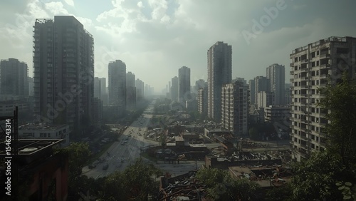 Fototapeta Naklejka Na Ścianę i Meble -  Aerial view of the destroyed city after apocalypse. days after war 