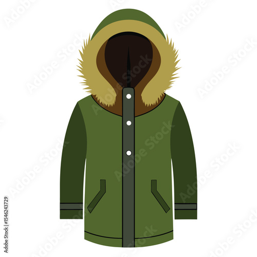 Olive Green Winter Parka Coat With Faux Fur Hood Trim Illustration