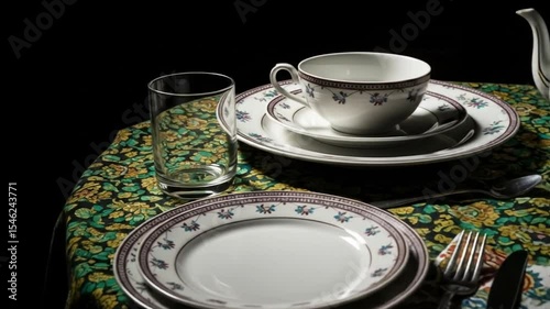 Vintage teacup and plates on floral tablecloth