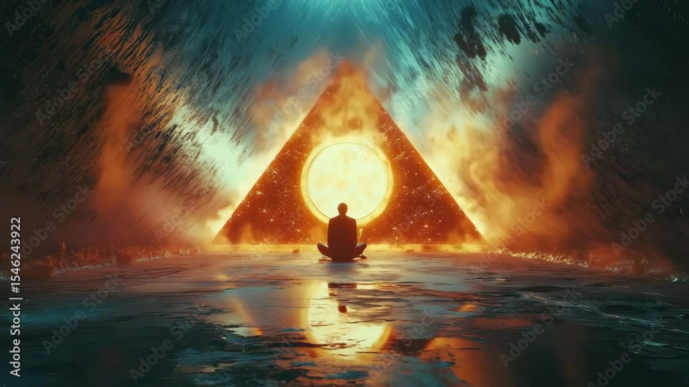 Man meditating in front of giant triangular portal with bright light emitting from center