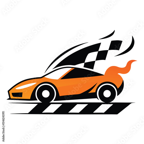 Orange Racing Car with Checkered Flag and Flame Logo on Black Stripes Graphic