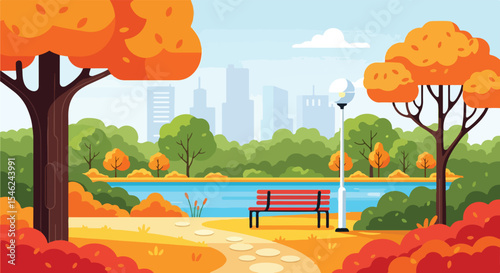 A Vector Illustration of City Park Landscape with Bench, Trees, Lake and Urban Skyline in Autumn Season
