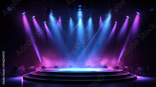 Empty round stage with colorful spotlight beams in dark auditorium, symbolizing performance, anticipation, entertainment and creative presentation in event production.