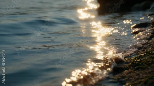 A close-up of the shimmering water's surface as it gently waves along the shore, reflecting the warm golden light that bathes in its embrace. Scene captures the serene beauty and tranquility of nature