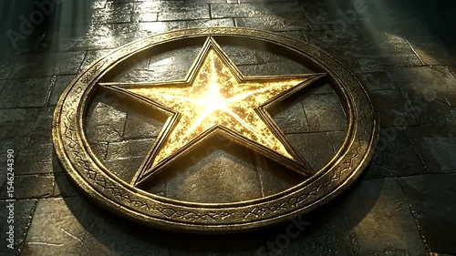 Glowing Gold Star Emblem on Ancient Stone Surface with Dramatic Lighting Effects