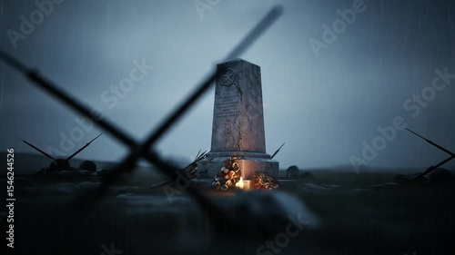 War Memorial in Rain with Fallen Soldiers