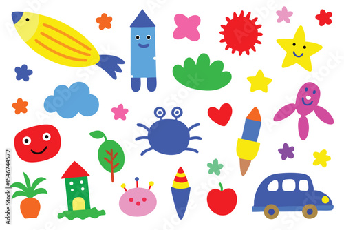 Playful Cartoon Illustration Featuring Smiling Fish, Crab, Rocket, Car, House, and Other Whimsical Elements