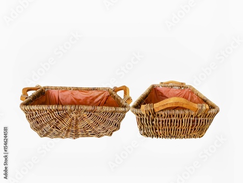 The white background in the picture is a densely woven rattan basket with two wooden handles on each side. It is covered with a reddish brown burlap cloth for beauty and multipurpose use in the home.