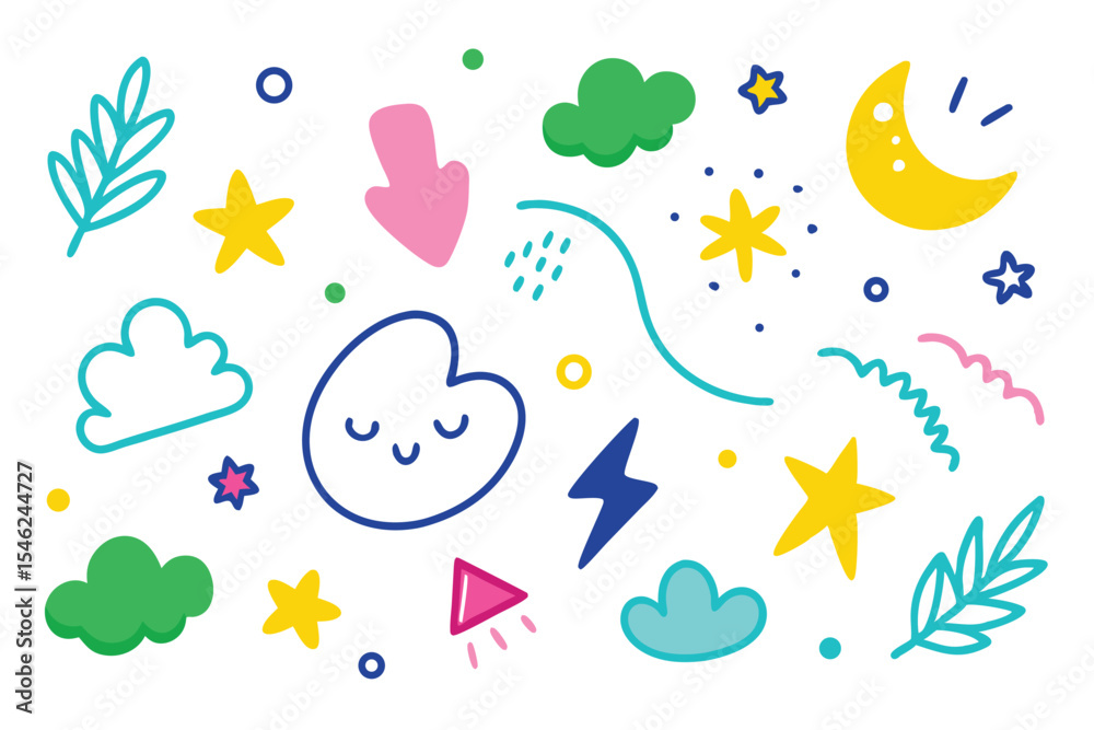 Naklejka premium Playful Doodle Collection Featuring Clouds, Stars, Moon, Lightning, and Abstract Shapes on White