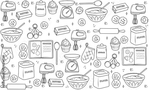 Background with drawn accessories and ingredients for baking: mixer, bowls, scales, sugar, flour, butter, cookies, cupcakes. Suitable for baking theme design, pastry shop menu, cooking lessons.