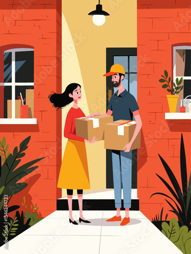 Woman receiving home delivery package from courier service at her doorstep Fast, convenient, and safe shipping