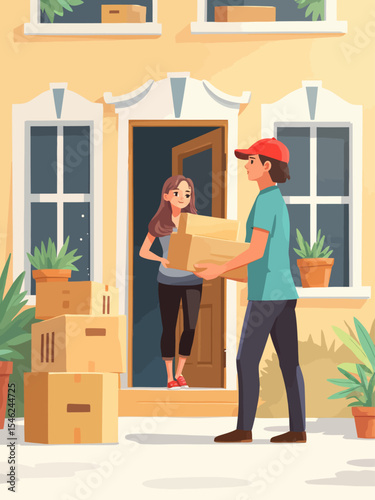 Woman receiving home delivery package from courier service at her doorstep Fast, convenient, and safe shipping