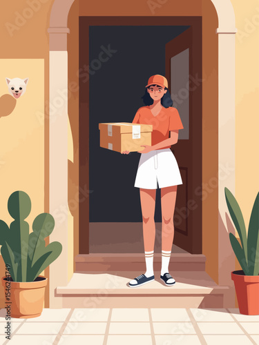 Woman receiving home delivery package from courier service at her doorstep Fast, convenient, and safe shipping