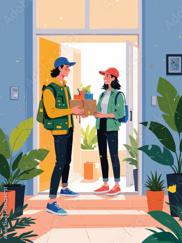 Woman receiving home delivery package from courier service at her doorstep Fast, convenient, and safe shipping