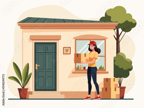 Woman receiving home delivery package from courier service at her doorstep Fast, convenient, and safe shipping