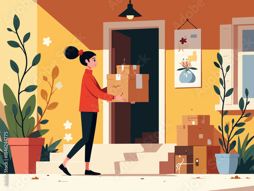 Woman receiving home delivery package from courier service at her doorstep Fast, convenient, and safe shipping