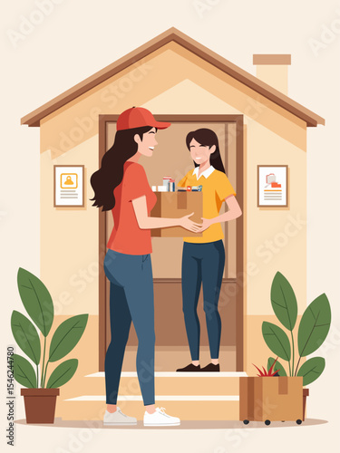 Woman receiving home delivery package from courier service at her doorstep Fast, convenient, and safe shipping