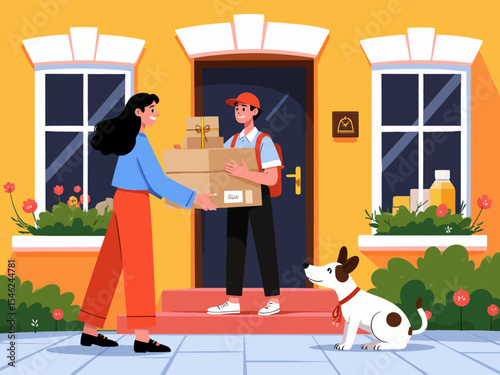 Woman receiving home delivery package from courier service at her doorstep Fast, convenient, and safe shipping
