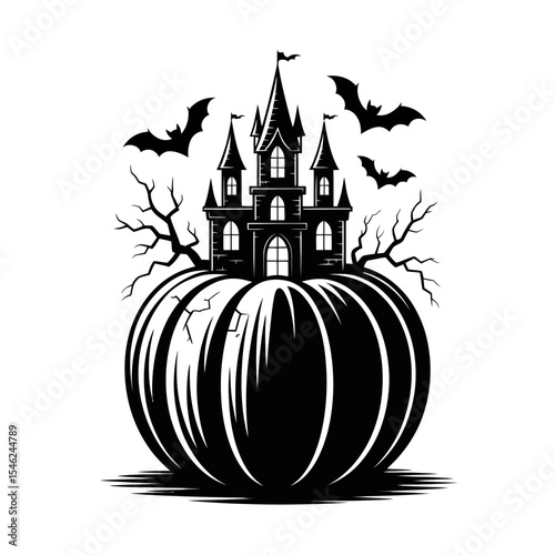 A haunted castle towers above a large pumpkin, with bats flying around it and eerie trees adding to the spooky atmosphere