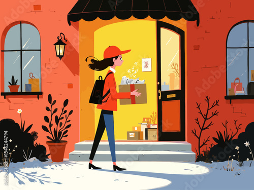 Woman receiving home delivery package from courier service at her doorstep Fast, convenient, and safe shipping
