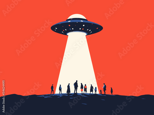  A retro-style illustration of a UFO hovering in the sky, with a beam of light coming down