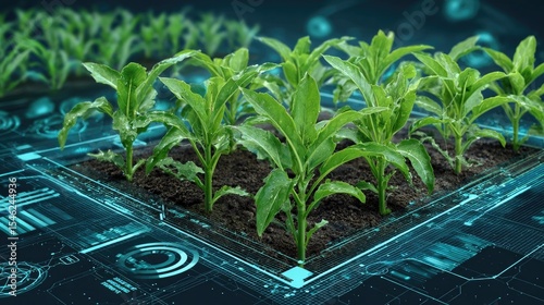 Futuristic smart agriculture concept showing young green crops growing in soil integrated with digital data network interface and advanced farming technology