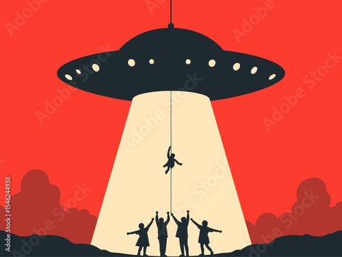 A retro-style illustration of a UFO hovering in the sky, with a beam of light coming 