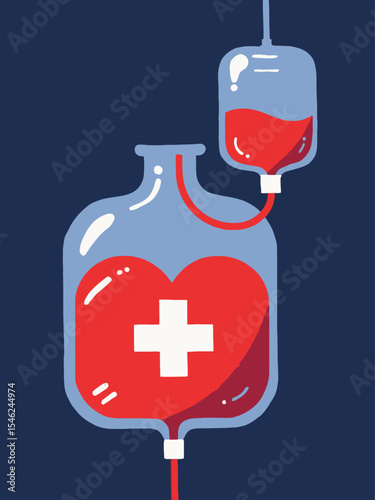 A stylized blood bag with a medical cross symbol, connected to a heart shape filled with blood