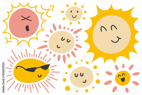 Happy funny sun faces set. Smiling suns vector illustration. Modern mascot stickers.