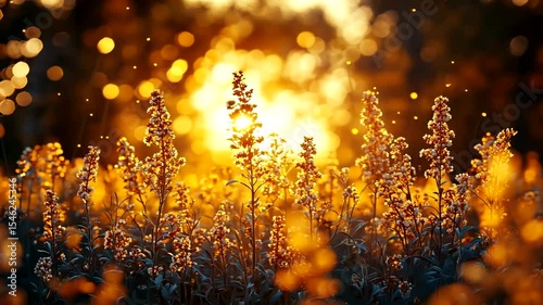 Golden Hour Meadow: Serene field of wildflowers bathed in warm sunlight bokeh backdrop
