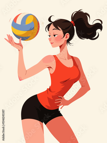  Female volleyball player in red tank top and black shorts bumping ball vector illustration