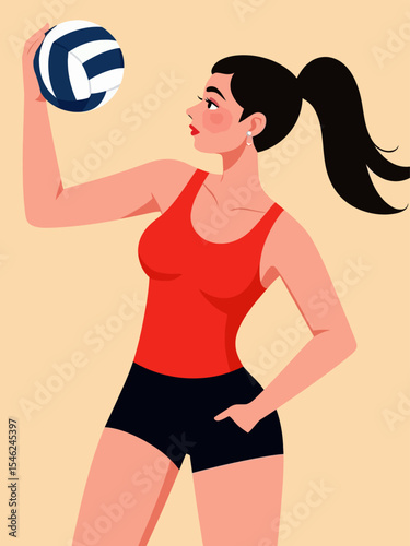 Female volleyball player in red tank top and black shorts bumping ball vector illustration