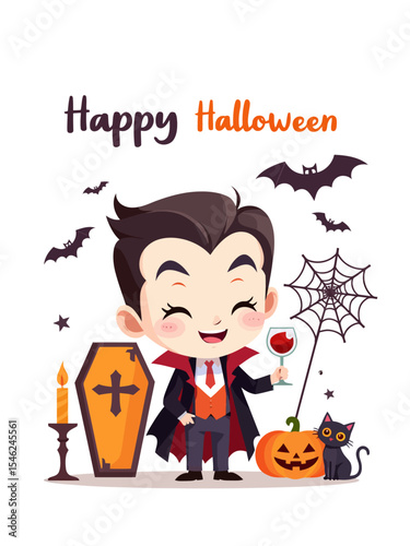 Happy Halloween Count Dracula icon set Bat, spider web, blood wine bottle glass, coffin, cat, pumpkin, red eye, candle holder 