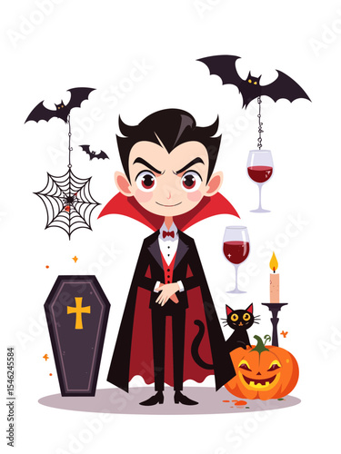 Happy Halloween Count Dracula icon set Bat, spider web, blood wine bottle glass, coffin, cat, pumpkin, red eye, candle holder 