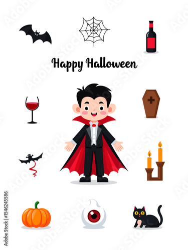 Happy Halloween Count Dracula icon set Bat, spider web, blood wine bottle glass, coffin, cat, pumpkin, red eye, candle holder 