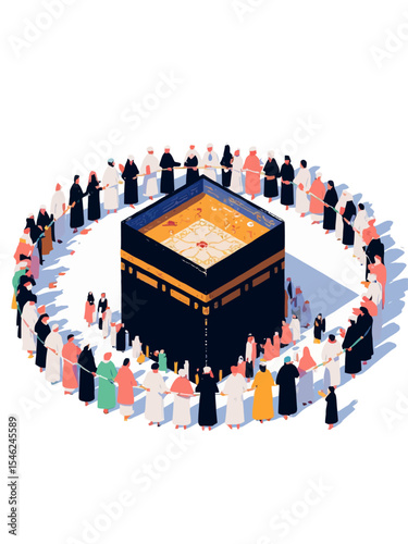  illustration of Tawaf with pilgrims circling the Kaaba, viewed from above, centered composition, isolated white background