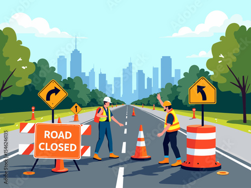 Road Closed concept Highway construction zone with traffic safety cones, barricades, men at work symbol, and detour arrow signs