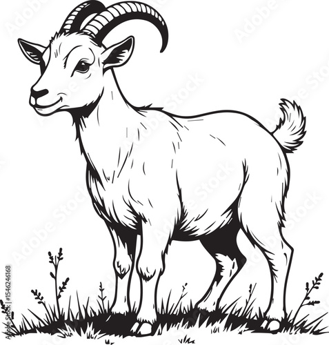 Goat in field: A monochrome illustration of a goat standing in the tall grass, captured in a simple, minimalistic style, suitable for design purposes.