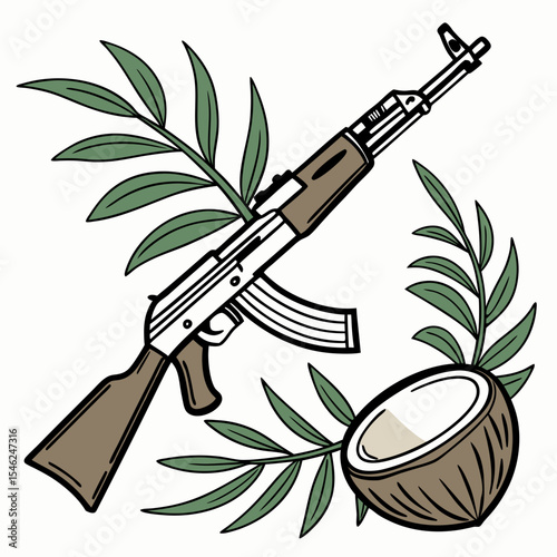 A K47 Assault Rifle with Coconut Half and Green Tropical Leaves Isolated White Background AK47 firearm