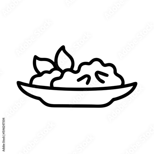 Simple line drawing of mashed potatoes with leaves on a plate  