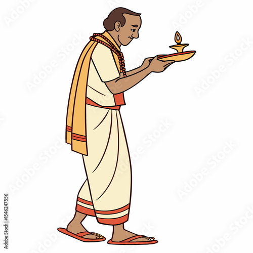 Bengali Priest in Off White Dhoti and Orange Shawl Performing Puja Ritual Holding a Lit Diya oil lamp