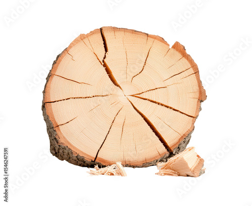 Cross-section of tree trunk with growth rings and wood shavings isolated on transparent background PNG
