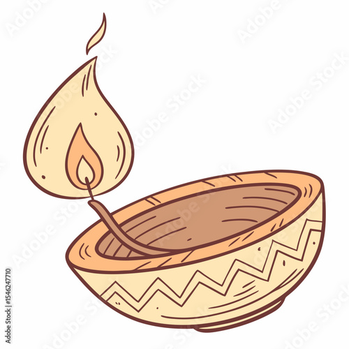 Earthenware Lamp with Zigzag Pattern and Yellow Flame Isolated on White Background earthen lamp oil lamp