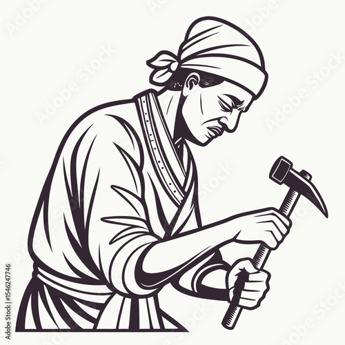 Kumartuli Sculptor Using Hammer Black and White Line Art Illustration chisel artisan