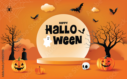 Halloween Podium Background with Pumpkins, Ghost and Bats