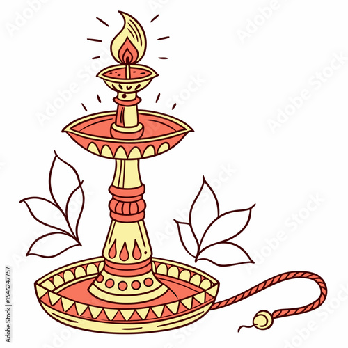 Ornate Coral and Yellow Diya with Flame Isolated on White Background Mahalaya Festival Design Element