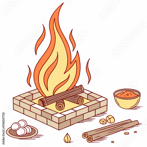 Orange and Yellow Flame Burning in Tan Brick Fire Pit with Wooden Logs Ghee and Other Offerings Isolated on White