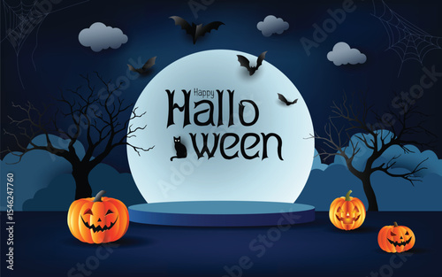 Halloween Podium Night Scene with Pumpkins, Bats, and Full Moon
