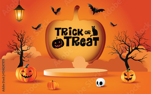 Trick or Treat Halloween Background with Podium and Pumpkins