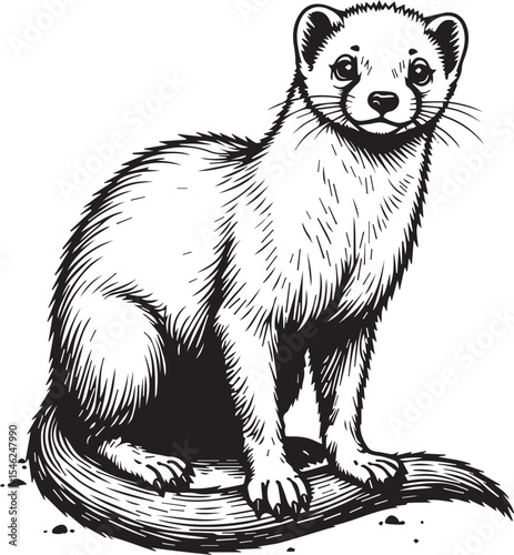 Curious Weasel Portrait: A detailed, monochrome illustration of a charming weasel in a moment of curiousity, its sleek fur and inquisitive eyes providing a close look at nature.